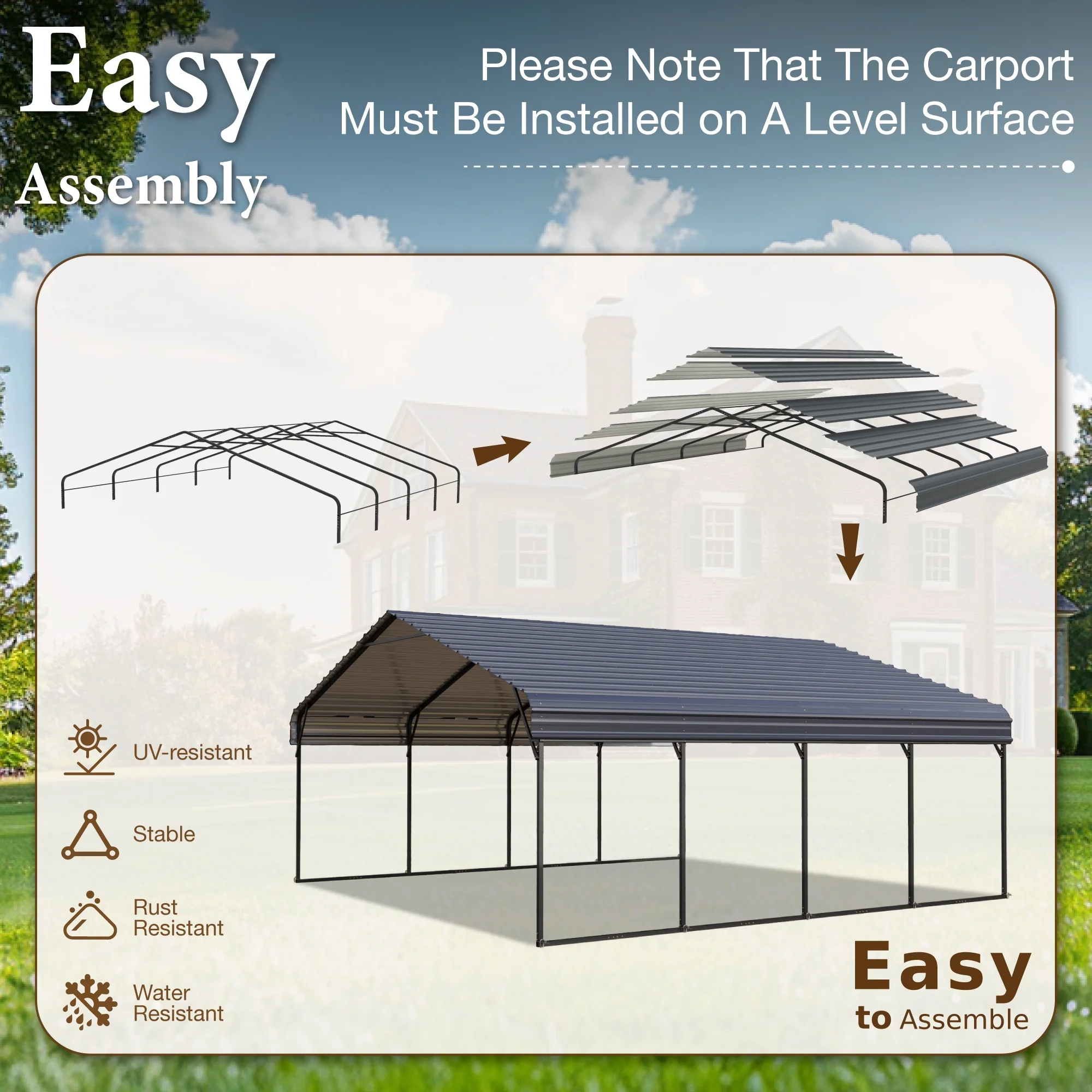 Summit Living 20 x 20 ft Metal Carport with Galvanized Steel Roof, Heavy-Duty Steel Garage Car Storage Shelter, Gray