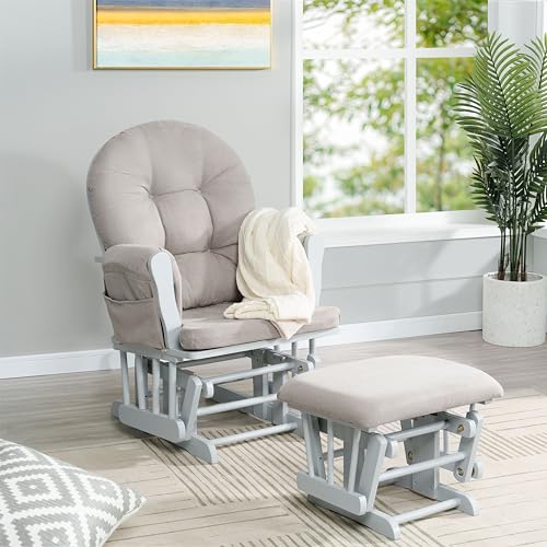 Naomi Home Nursery Glider & Ottoman Sets, Reclining Glider Rocker with Ottoman, Nursery Rocking Breastfeeding Maternity Chair for Baby Room, Recliner Glider with Ottoman, Padded Arms - White, Gray