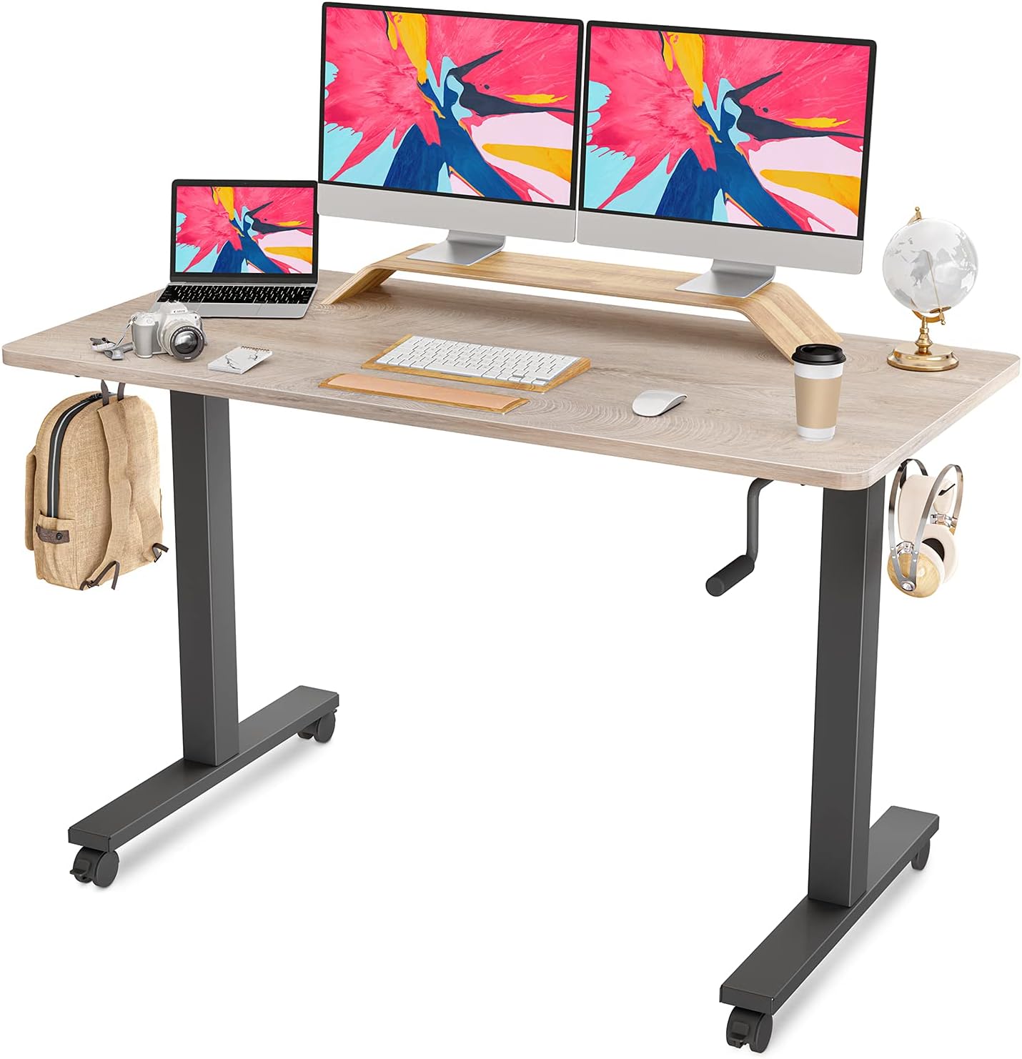 FAMISKY Crank Adjustable Height Standing Desk, 48 x 24 Inches Manual Stand up Desk, Sit Stand Workstation for Home Office with Handle and Splice Board, Black Frame/Greige Top