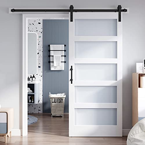 36x84 Inch Glass Sliding Barn Door Slab and 6.6ft Hardware Kit Included, 5 Frosted Glass, LVL Wood Panel Covered with White Water-Proof Scratch-Proof PVC Surface, Simple DIY Assembly
