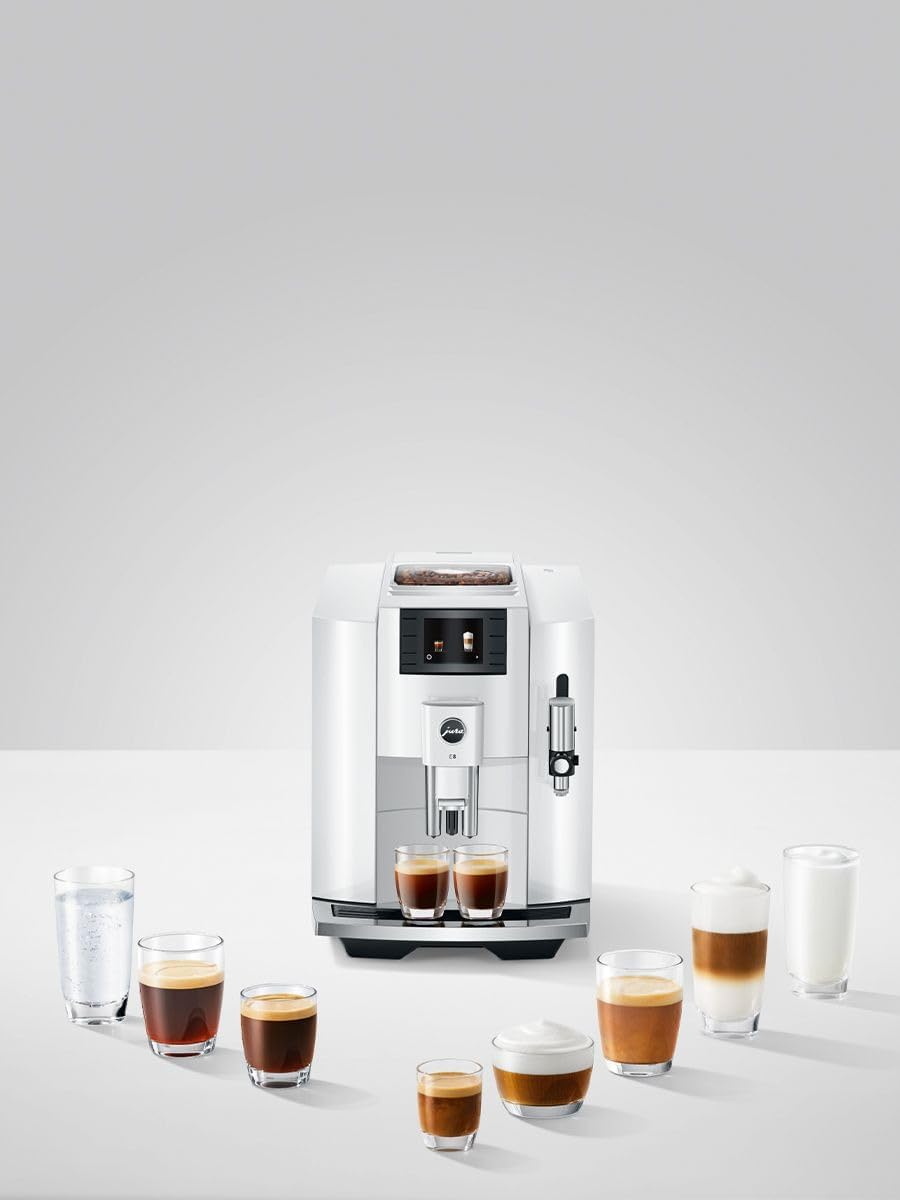 Jura E8 Automatic Espresso Machine,2.8 inches (Piano White) Bundle with Glass Milk Container and Coffee Canister with Measuring Spoon (3 Items)