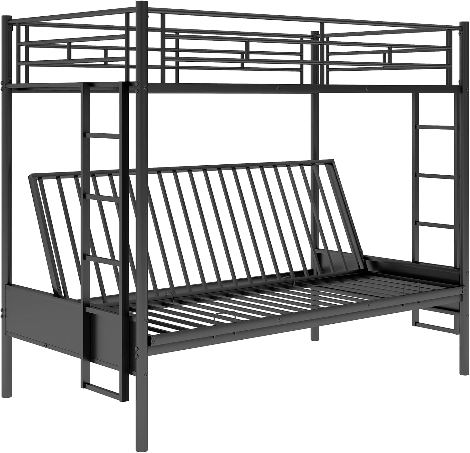 Twin Over Futon/Full Bunk Bed, Convertible Couch and Bed, Heavy Duty Metal Frame with 2 Side Ladders and Guardrail for Kids/Teens/Adults, Black