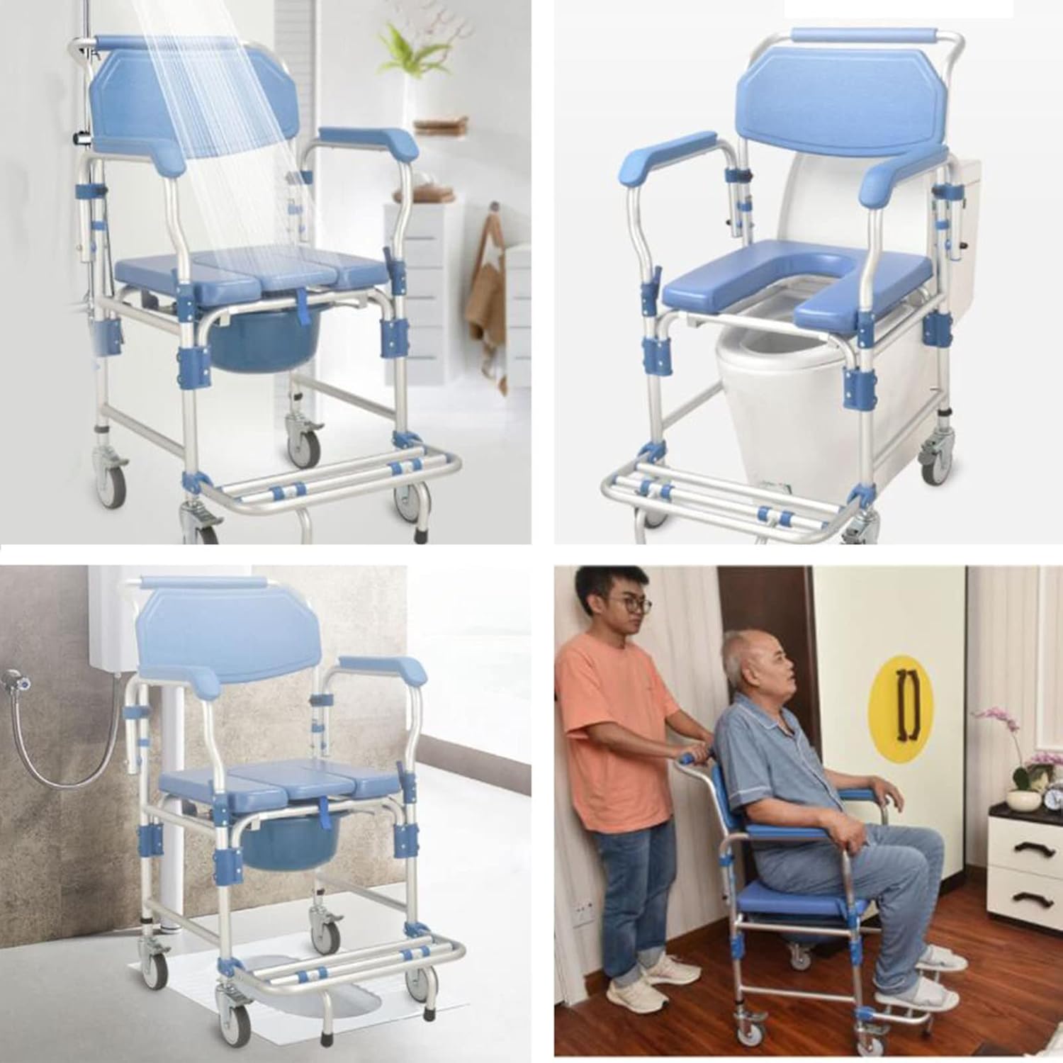Toilet Chair with Wheeled - Shower Wheelchair - Commode Mobile Chair for Bathroom Toilet - Armrest Can Be Lifted Solid Construction Stable - Easy Assembly for Elderly Disabled Pers