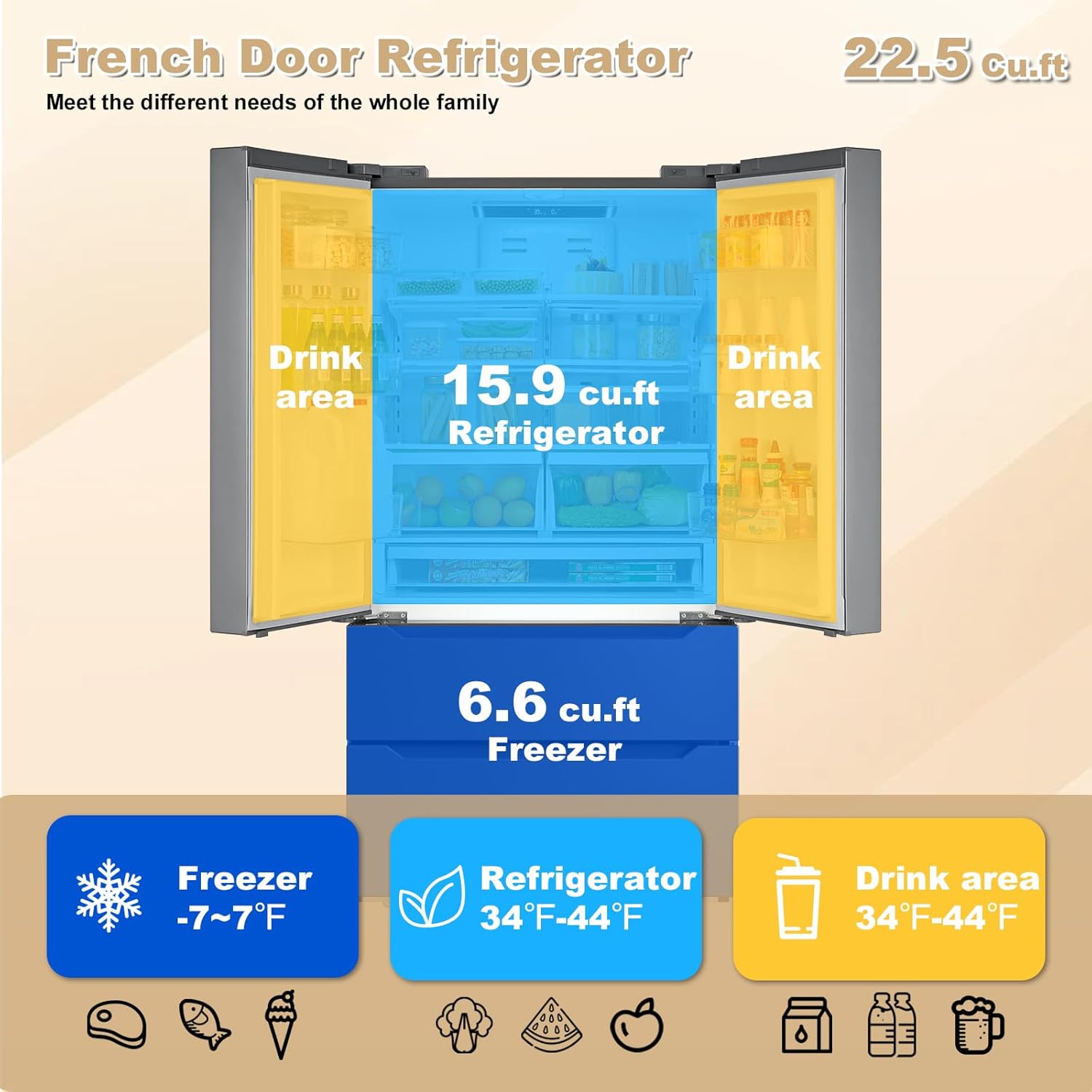 French Door Refrigerator, Large Full Size Refrigerators with Ice Maker 22.5 Cu.ft
