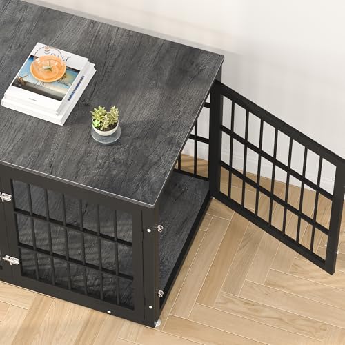 48 Inch Heavy Duty Dog Crate Furniture for Large Dogs, Decorative Pet House End Table, Extra Large Wooden Cage Kennel Furniture Indoor, Natural and White