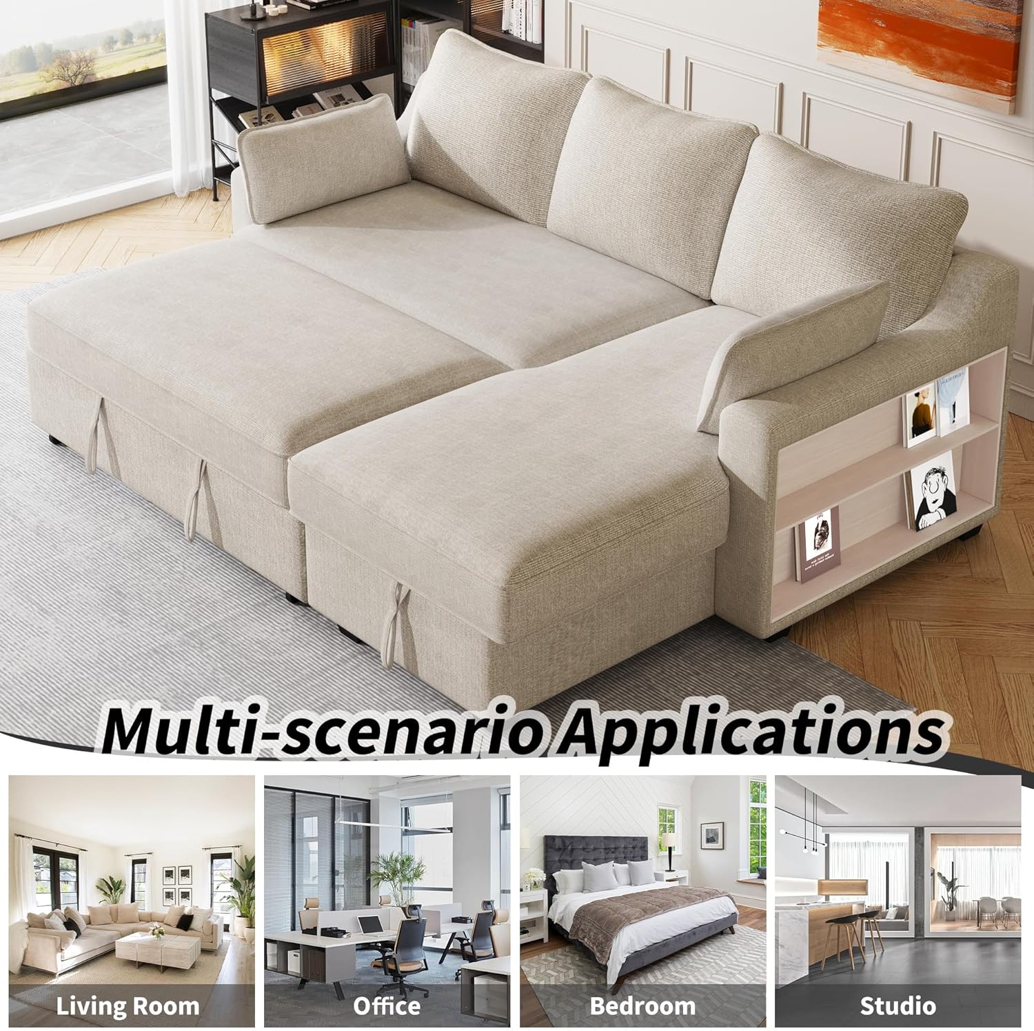 FANYE L-Shape Reversible Sleeper Sectional Couch Pull Out Sofa Bed w/Storage Chaise,Racks and USB Ports,Modern Linen Tufted Upholstered Convertible Sofabed with 2 Pillows for Living Room