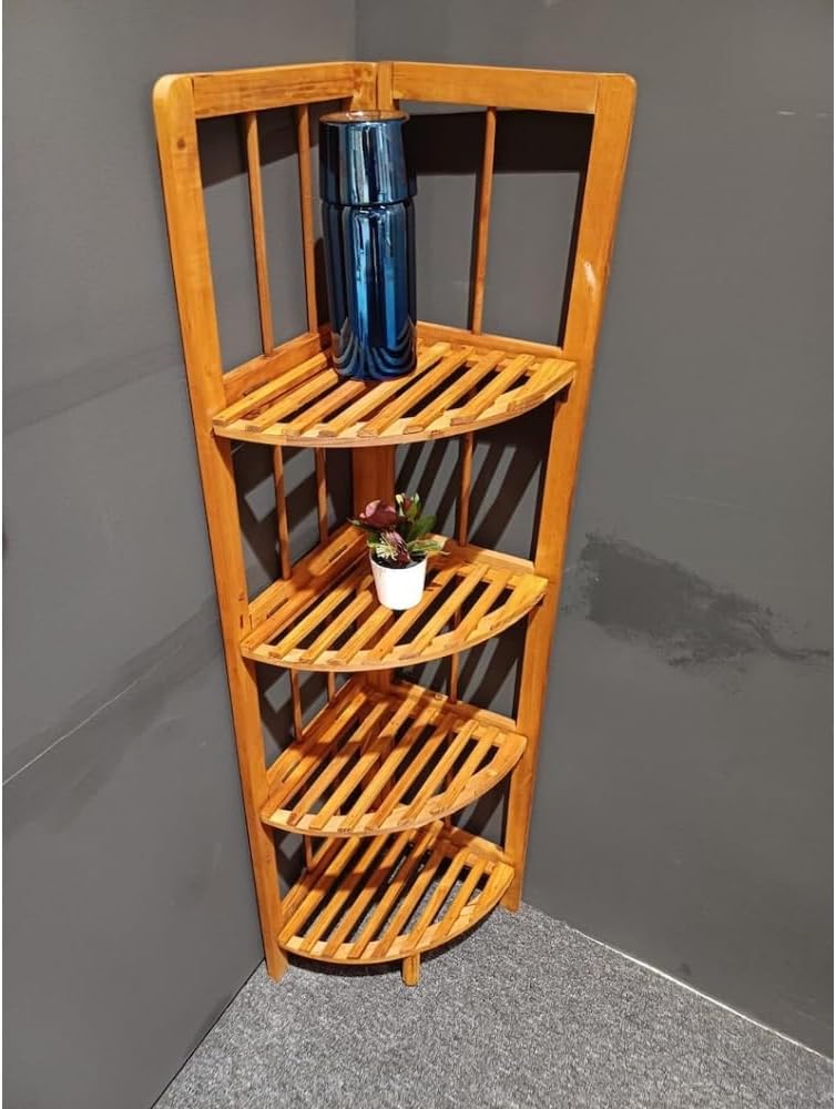 4-Tier Open Wooden Corner Shelf, Corner Bookshelf, Wooden Bookcase, Modern Bookshelf, Plant Stand, Display Shelves, 11" W x 43" H x 11" D, Small Shelf for Living Room Bedroom Office