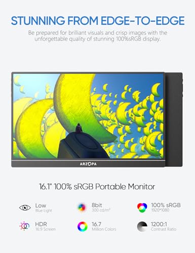 ARZOPA 16.1'' 144Hz Portable Gaming Monitor, 106% sRGB 1080P FHD Kickstand Portable Monitor with HDR, Ultra Slim, Eye Care, External Second Screen for Laptop, PC, PS5, Mac, Xbox-Z1FC