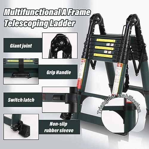 15.5FT Telescoping Extension Ladder, Extension Ladder with Triangular stabilizer, Foldable Aluminum Retractable Collapsible Ladders for Household and RV Outdoor Work 330 lbs Load
