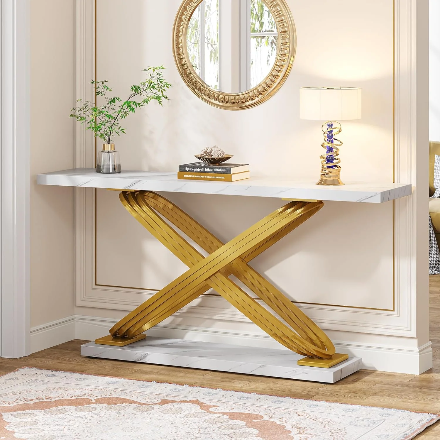 Tribesigns 55" Long Sofa Table, Modern Faux Marble Console Table Behind Sofa Couch for Entryway, Living Room, White & Gold