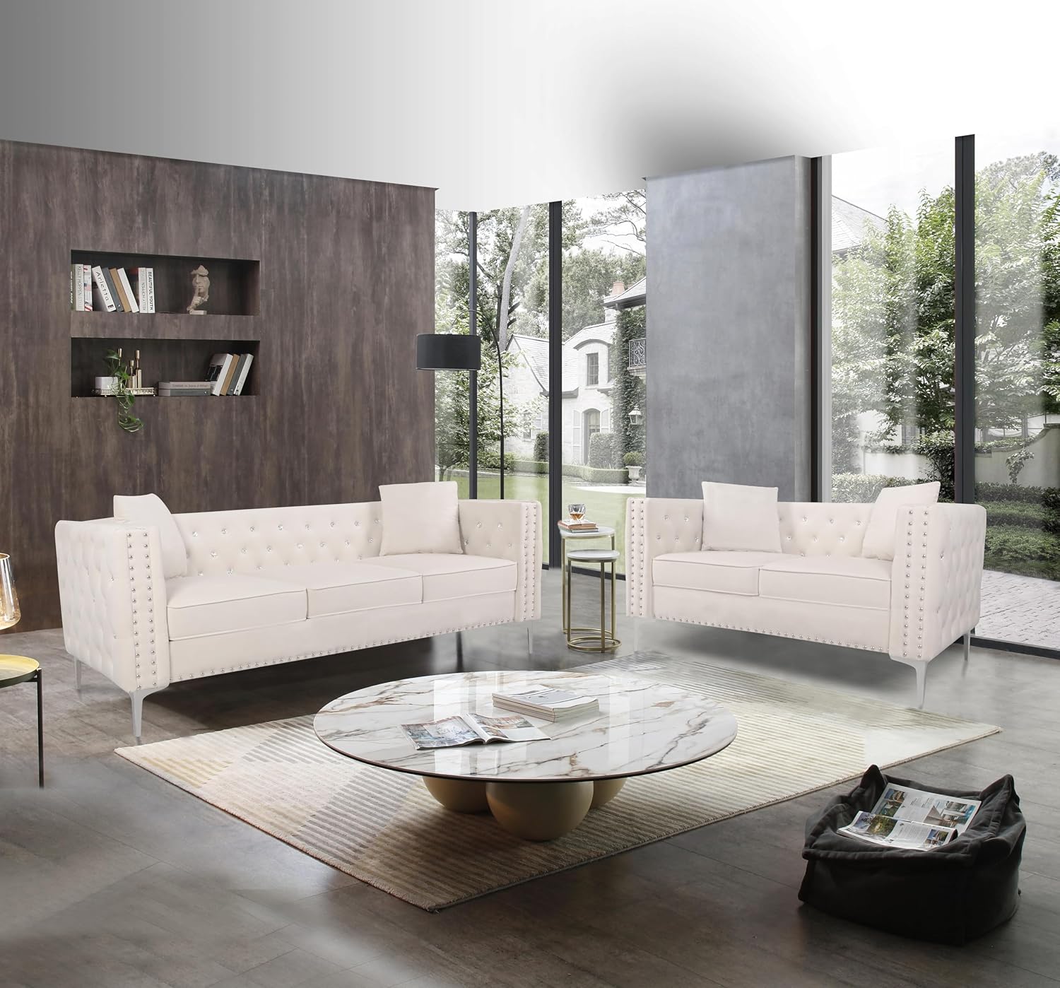 2 Piece Modern Velvet Living Room Set with Sofa and Loveseat,Jeweled Button Tufted Copper Nails Square Arms,4 Pillows Included,Beige,4 colors