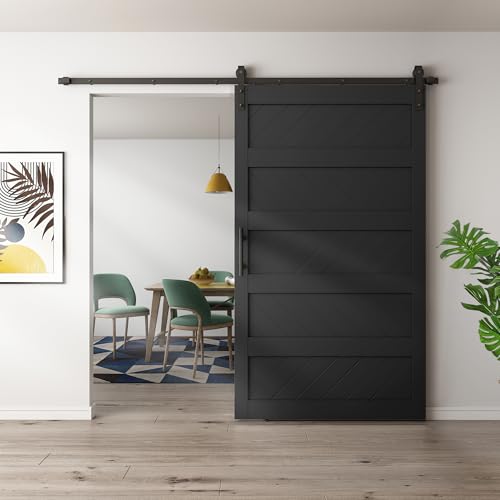 JUBEST 36" x 84" Barn Door, Slding Barn Door Kit Wave Shape Barn Door Panel with Hardware Kit Include, Easy Installation, Solid Wood, MDF & PVC Covered, Black