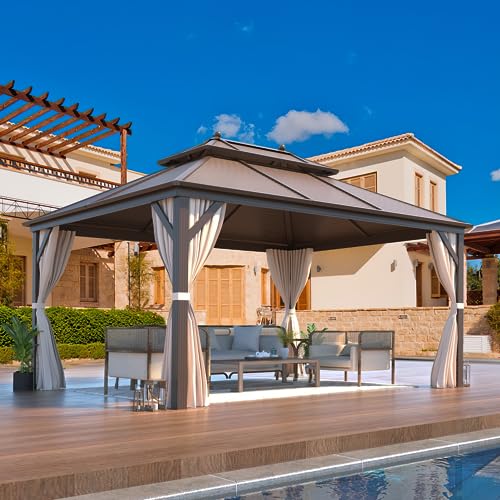 EROMMY 14'x20' Hardtop Gazebo Double Roof Galvanized Steel Canopy Outdoor Aluminum Frame Permanent Metal Pavilion with Netting and Curtains for Patio Backyard Deck and Lawns