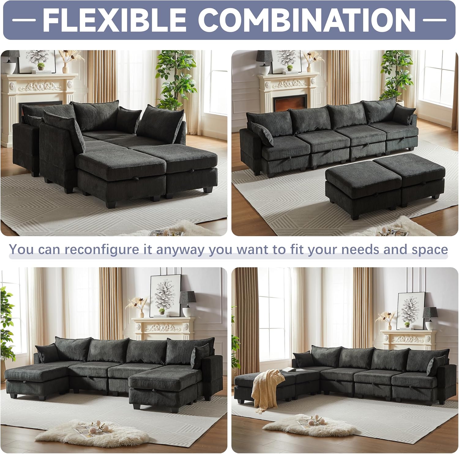 JUSTONE 113.5'' Modular Sectional Sofa with Storage, U Shaped Convertable Sectional Couch with Wide Chaise, Deep Seat Modular Sectional Sofa with Ottoman, Corduroy,Black