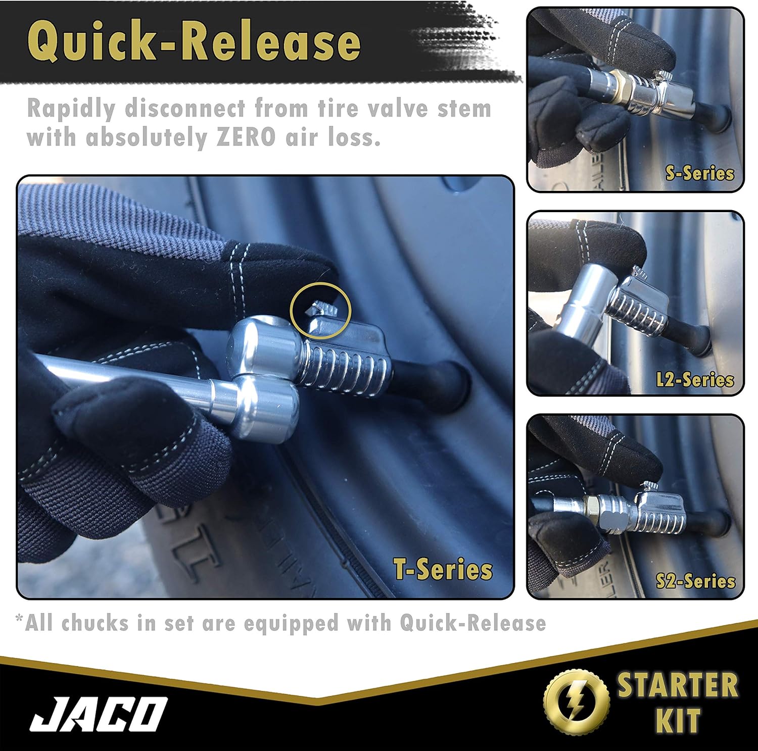 JACO Lightning Tire Air Chuck Kit (Set of 7) | Open Flow, 1/4" F-NPT