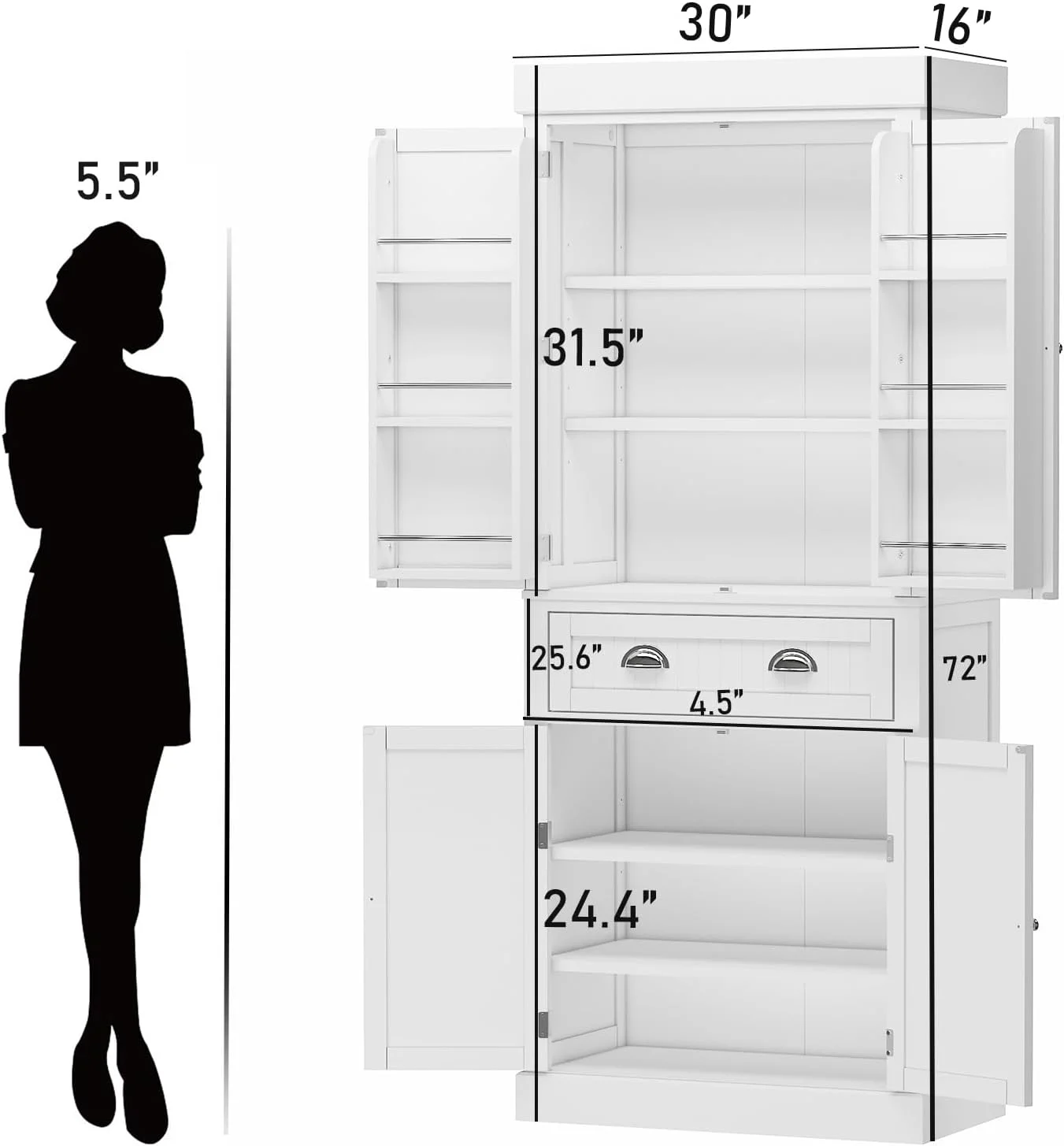 ChVans 72" Tall Kitchen Pantry with 4 Doors, Storage Cabinet with 1 Large Drawer 6 Hanging Shelves, Freestanding Cupboard for Dining Room Living Room(White)