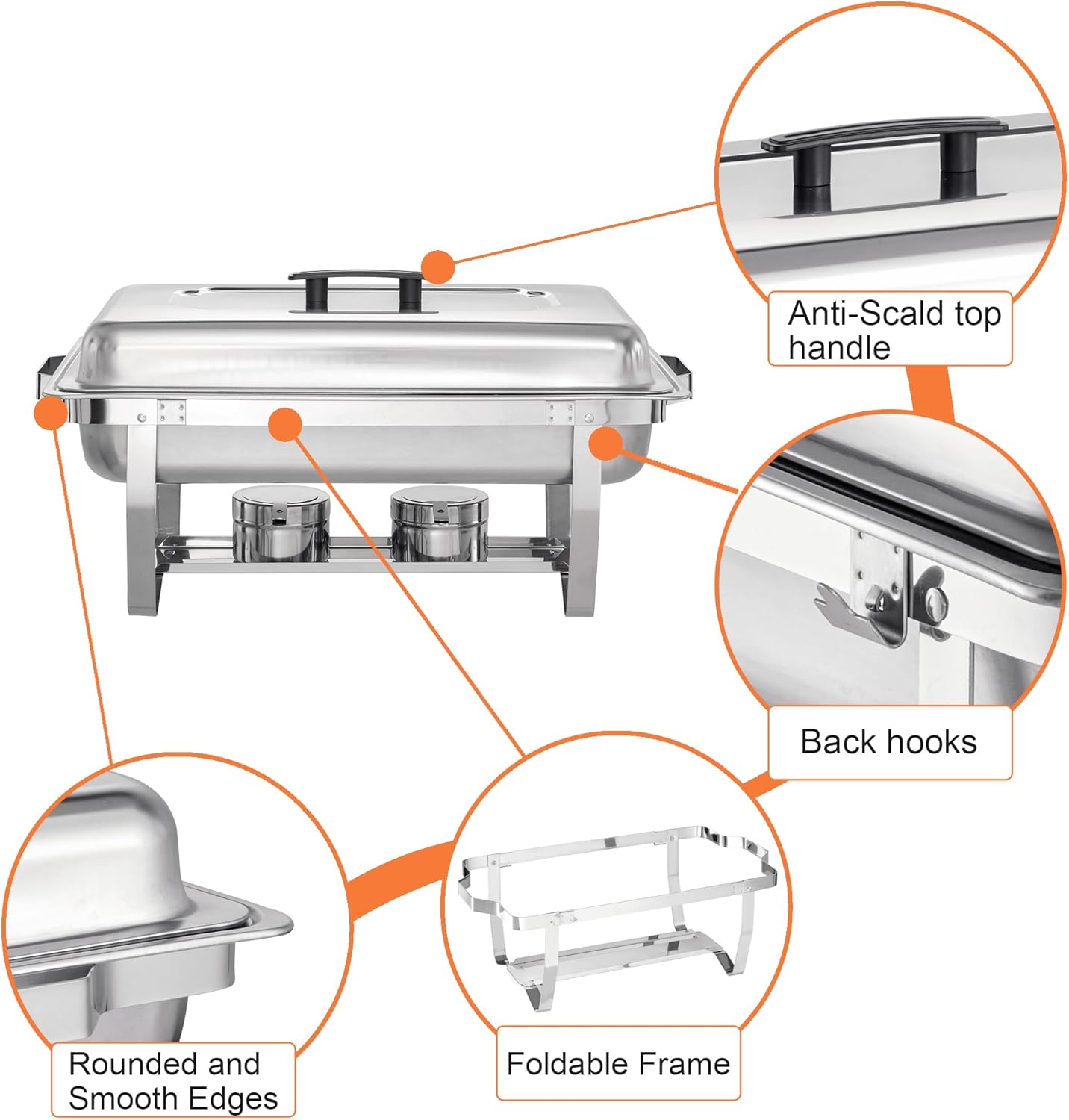 Chafing Dish Buffet Set - 4 Pack, 8 Quart Stainless Steel Chafer Buffet Servers and Warmers Set with Folding Frame for Weddings, Parties, Banquets, and Catering Eventst