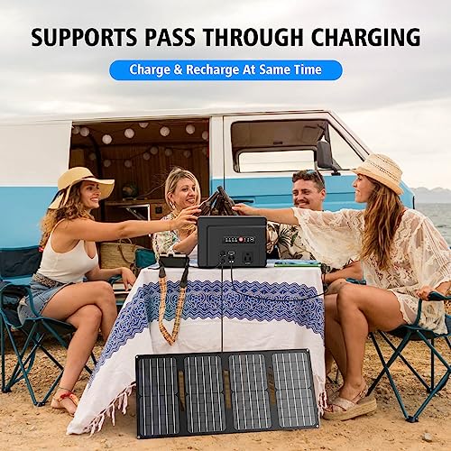 Powkey Solar Generator with Panel, Portable Power Station with Solar Panel, 110V Pure Sine Wave DC/USB/AC Outlet Electric Generator Battery Backup for Outdoor Camping Emergency Home Use