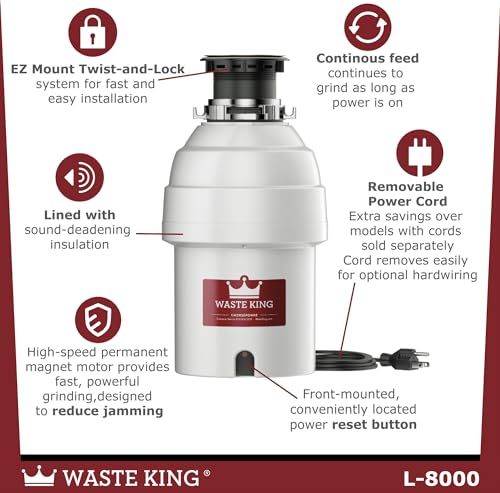 Waste King L-5000TC Batch Feed Garbage Disposal with Power Cord, 3/4 HP