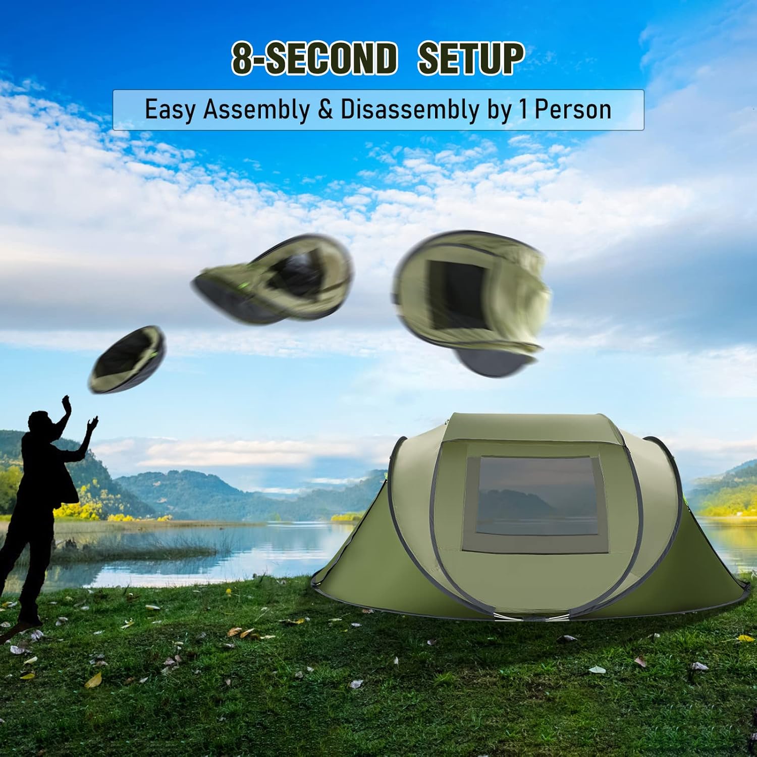 Pop Up Tent 4 Person, Camping Tent with 2000mm Waterproof & Carry Bag, Windproof, Automatic Set up, Lightweight for Camping, Backpacking & Hiking