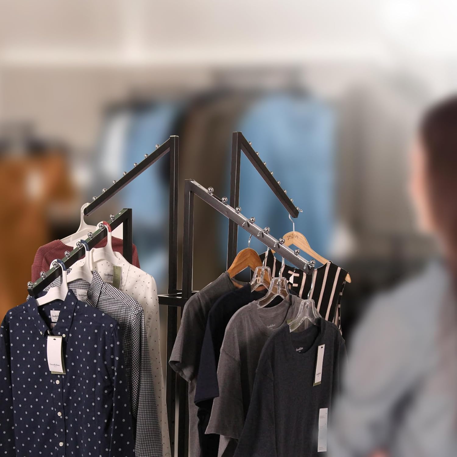 SSWBasics Black 4 Way Adjustable Clothing Rack with Slanted Arms - Retail Clothing Rack Display - Adjustable Height Arms from 48" to 72" Perfect for Clothing Stores