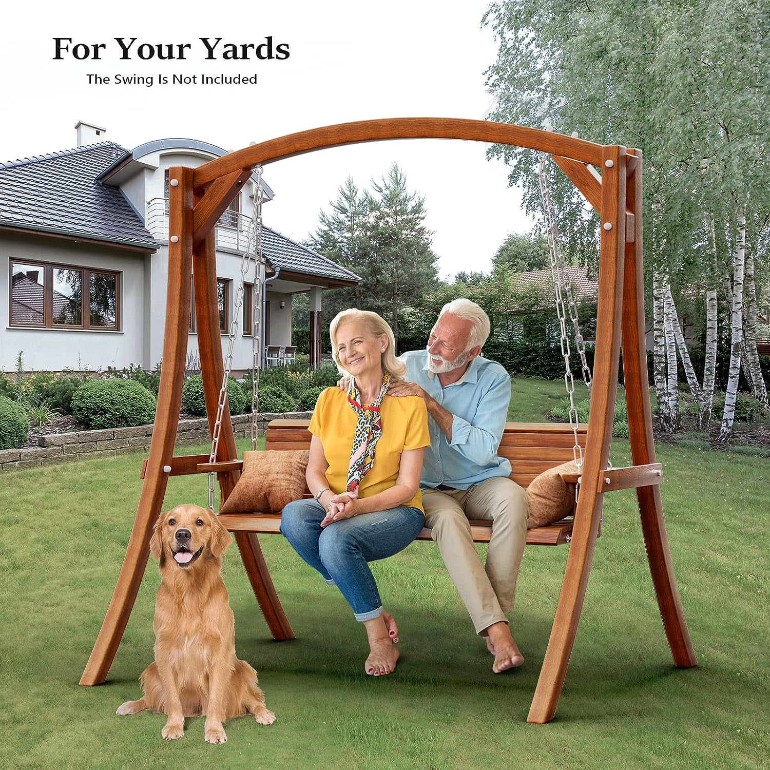 Heavy Duty Wooden Swing Frame for Adults Kids, Strong A-Frame Porch Swing Bench Stand for Indoor & Outdoor, Curved Arc Top Design, Supports Up to 660 LBS