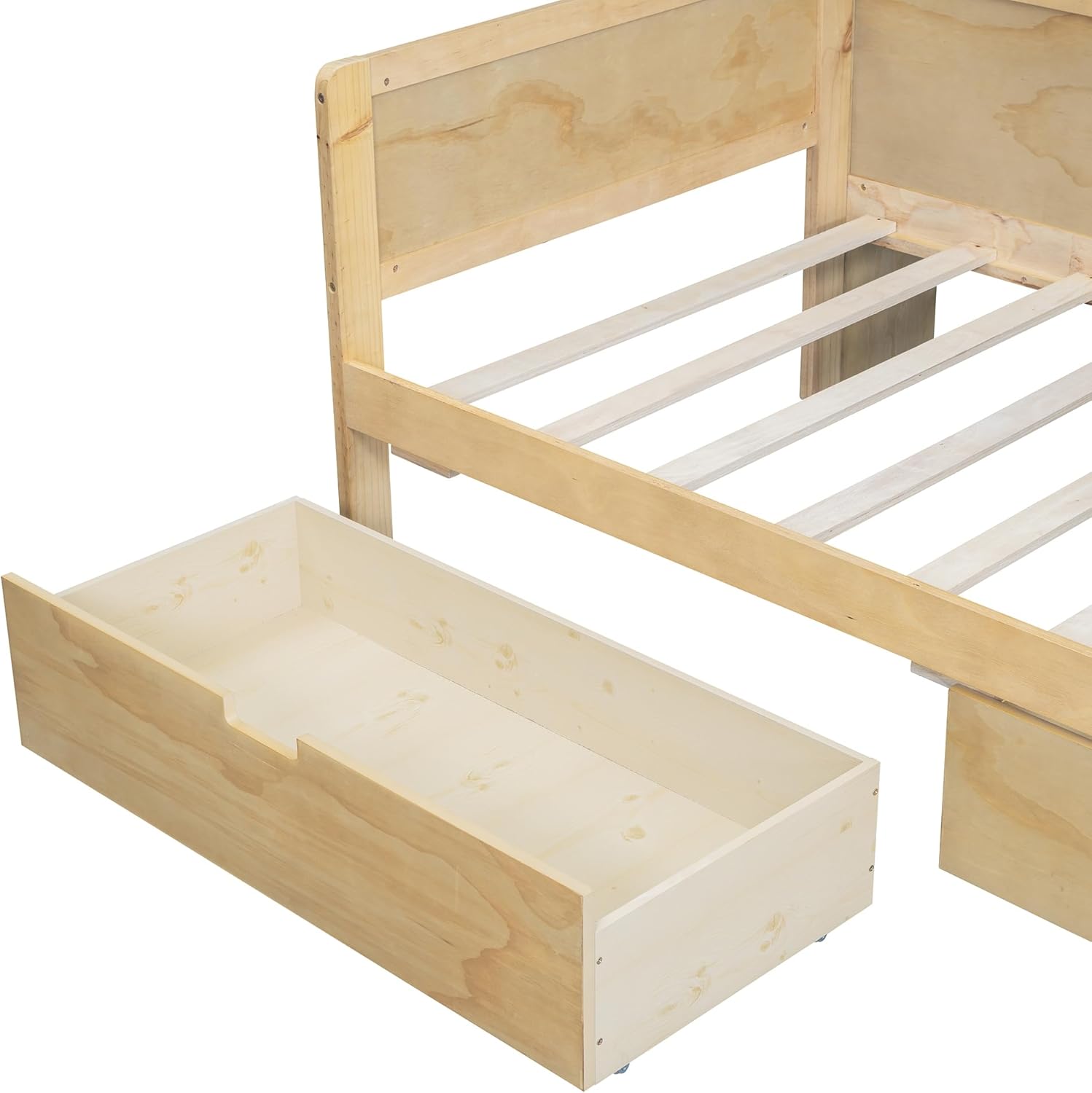 Twin Size Wooden Captain Bed Daybed with Storage Bookshelf, Study Desk and 2 Drawers, Multi-functional Storage Bed Frame for Bedroom Furniture, Space-Saving, Natural