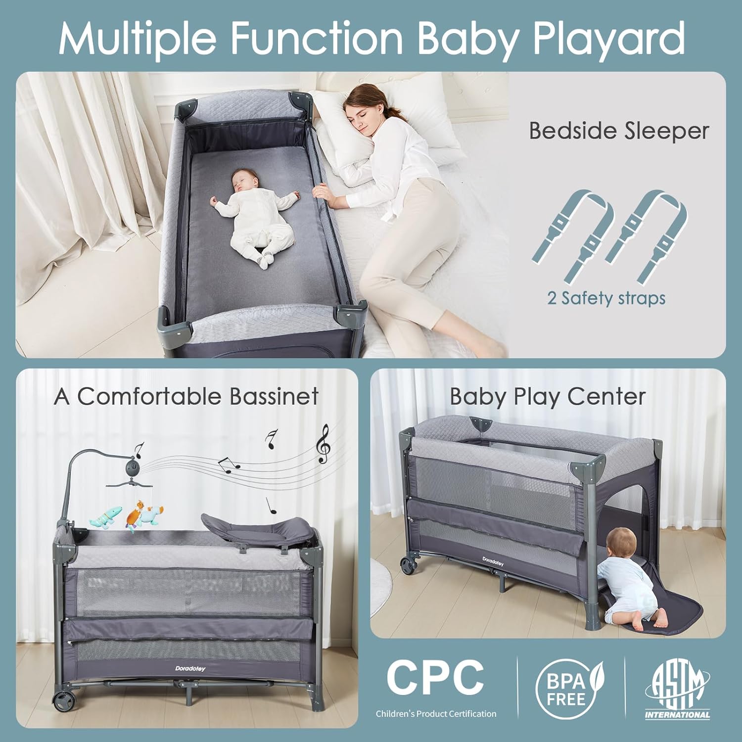 5 in 1Pack and Play, Portable Pack and Play with Mattress, Baby Pack and Play Easy to Assemble Fully Equiped, Toddler Travel Pack and Play Large Playard, 3 Layers,Diaper Caddy, Musical Toy Bar