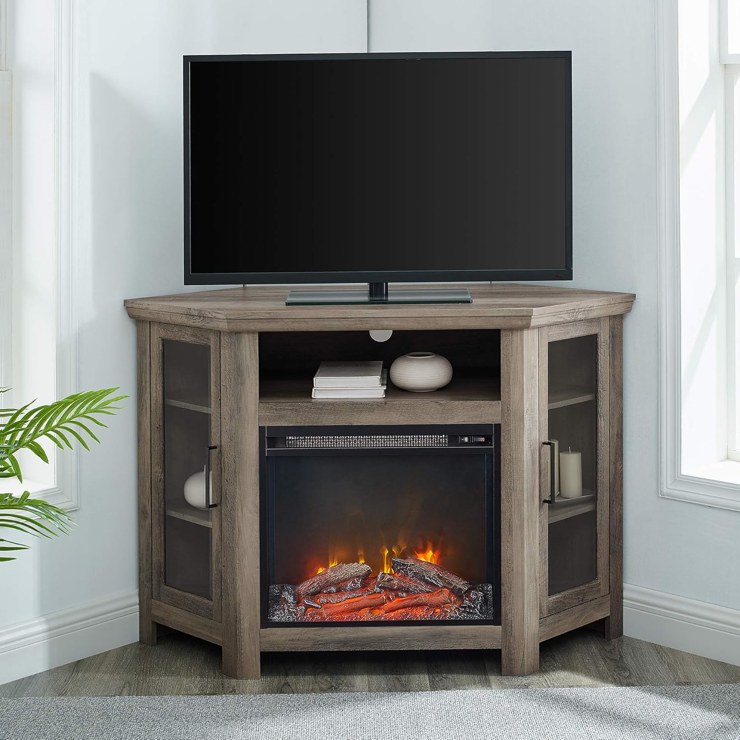Walker Edison Alcott Classic Glass Door Fireplace Corner TV Stand for TVs up to 55 Inches, 48 Inch, Espresso