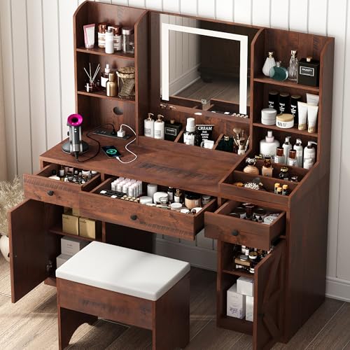 Farmhouse Vanity Desk w/Outlet & Stool, 11 Storage Shelves 3 Drawers 2 Big Cabinets, 43" White Vanity Table Make up Desk w/Mirror and Lights, Rustic LED Vanity Set for Women, Girls