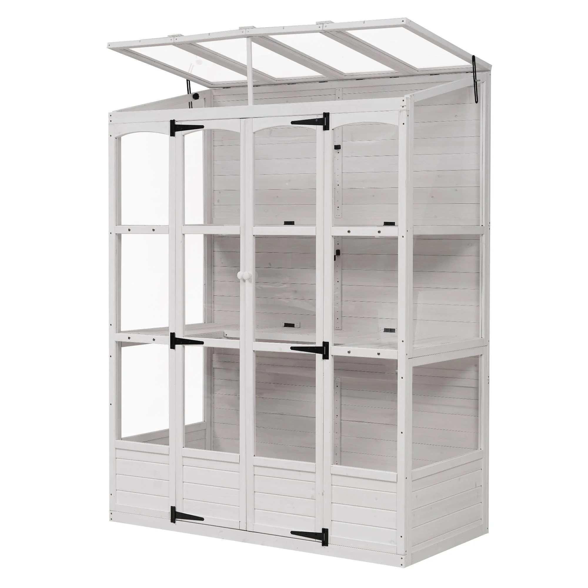 57.9"W x 29.1"D x 78.1"H Large Greenhouses for Outdoors Indoor, Wood Frame Polycarbonate Garden Greenhouse with Folding Shelves and Windows, White
