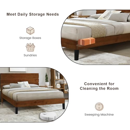 Mid-Century Modern Solid Wood Bed Frame Queen Size Platform Bed with Three-Piece Headboard Design, No Box Spring Needed, Brown