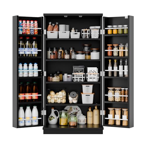 SUNLEI 47" Kitchen Pantry Cabinet, White Food Storage Cabinets with Door and Adjutable Shelves, Freestanding Wooden Dresser for Kitchen, Dining Room, Living Room and Bedroom