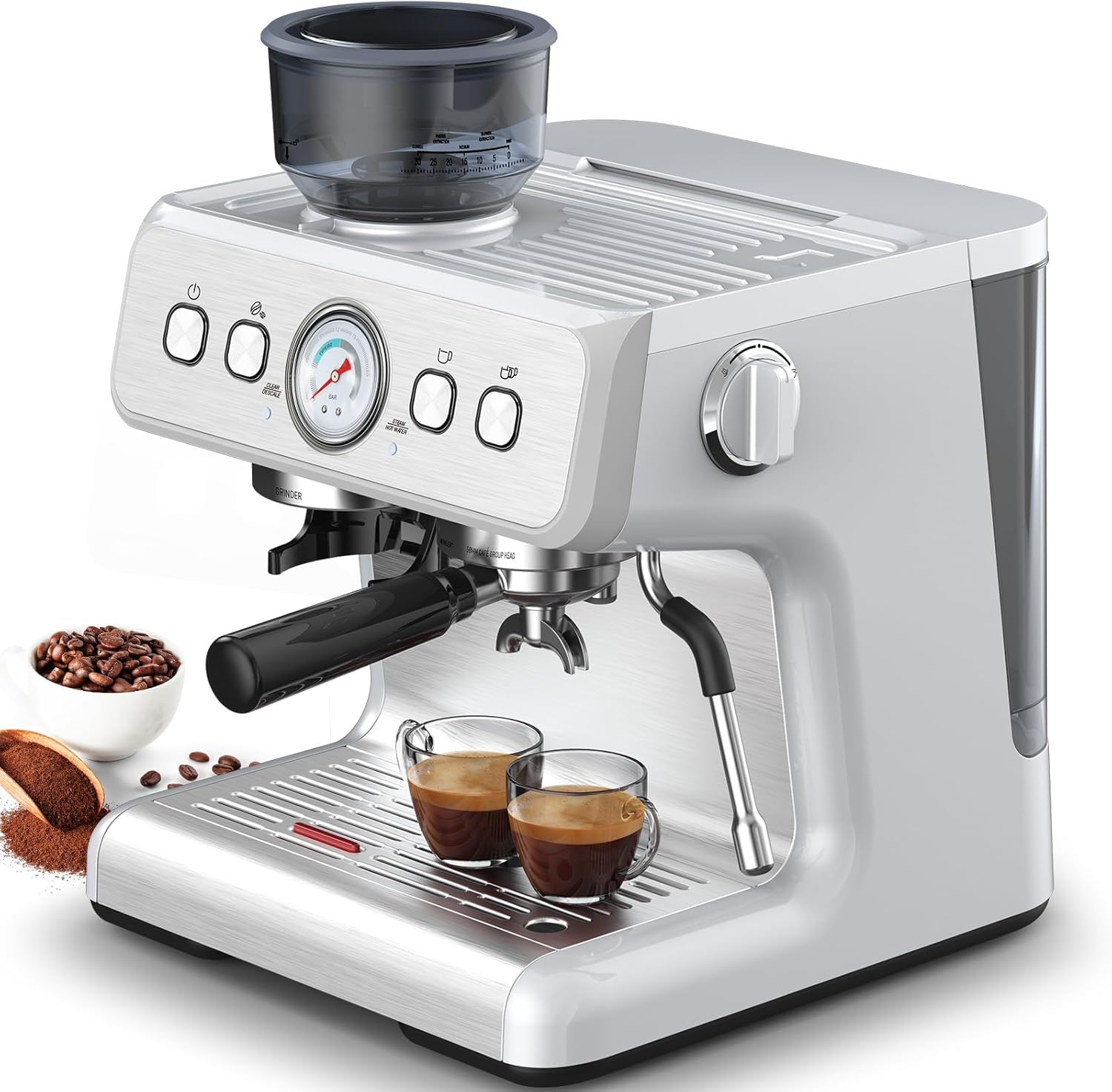 Joy Pebble Espresso Machine,15 Bar Professional Espresso Maker with Barista Coffee Grinder/Milk Frother,Coffee Machine for Espresso/Cappuccino/Latte,Single & Double Cup,1350W