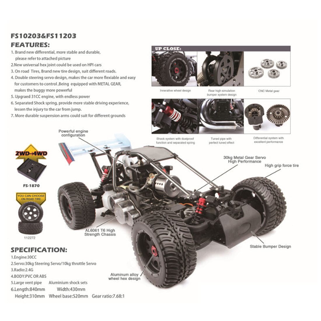 FS Racing 11203 1:5 2.4G RC Car 4WD RTR Monster Trucks with 30CC Gasoline Engine 80KM/H