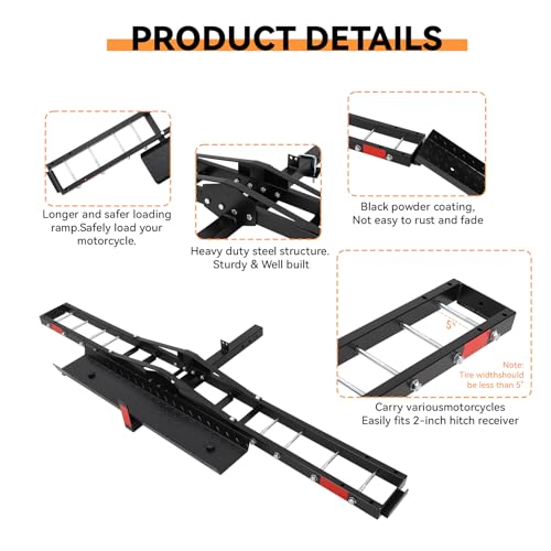 Motorcycle Carrier Hitch Mount 500 LBS,Steel Dirt Bike Hitch Hauler with Tie-Down Straps & Hitch Tightener,Dirtbike Hitch Carrier for Truck,SUV, Car,Hitch Receiver for Tires Up to 5.5" W,2" Receiver,