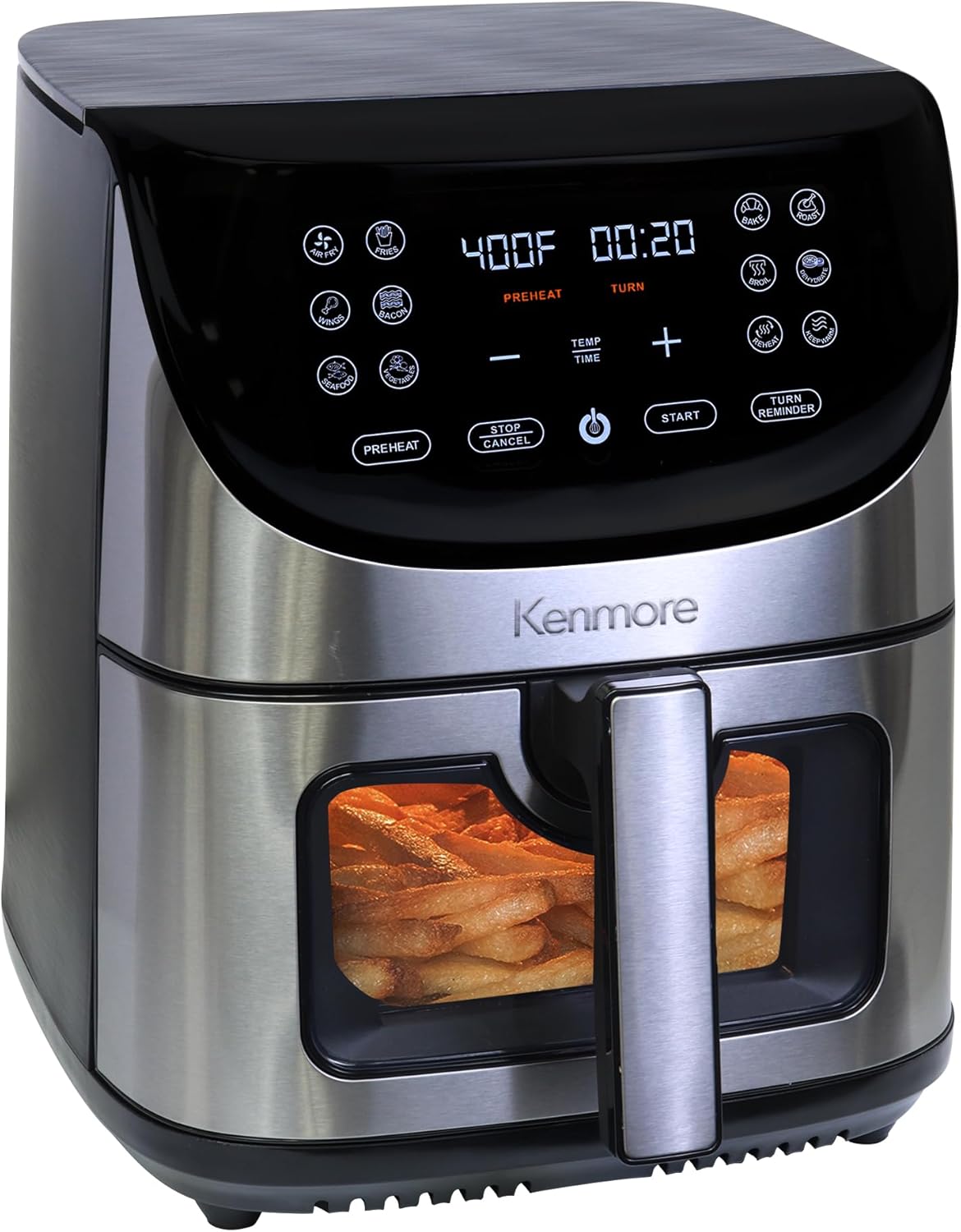 Kenmore 8 Qt Air Fryer, Family Size, 1700W, 12 Preset Cooking Functions, Digital Touch Screen, Programmable Temperature & Timer, Viewing Window, Roast Bake Broil Dehydrate Reheat, Stainless Steel
