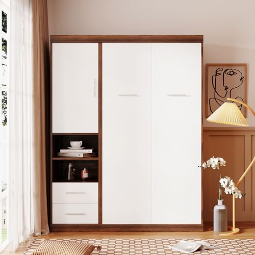 Queen Size Murphy Bed with Built-in Dual Power/USB Port and Removable Shelves, Space-Saving Design Murphy Wall Bed Cube Cabinet with Desks for Home Office, Easy Assemble,White