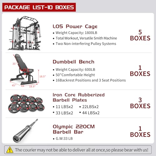 L05/07 Smith Machine，Multi-Function Squat Rack Power Cage with Cable Crossover System,with Weight Bench, Olympic Barbell Weight Set, for Home Gym