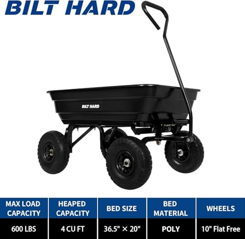BILT HARD Poly Garden Dump Cart 1200 lbs with No Flat Tires, Quick Release, 2-in-1 Convertible Handle, 7 Cu Ft Dump Wagon Heavy Duty for Yard, Outdoor