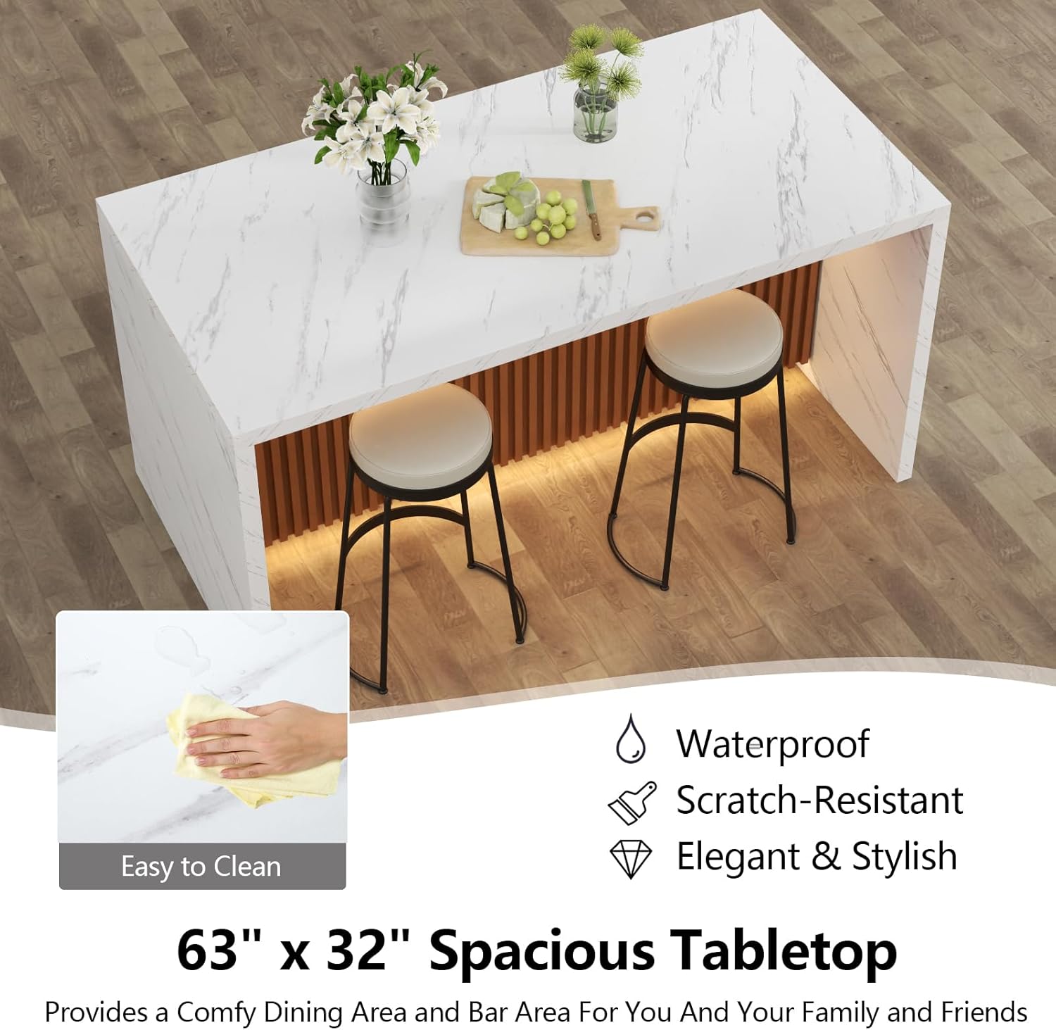 63" Large Imitation Marble Dining Table for 4-6 People, Island Table with LED Lights, Mordern Marble Stripes Kitchen Dining Table with Grille design for Dining Room, Home, Office, Living Room（White）