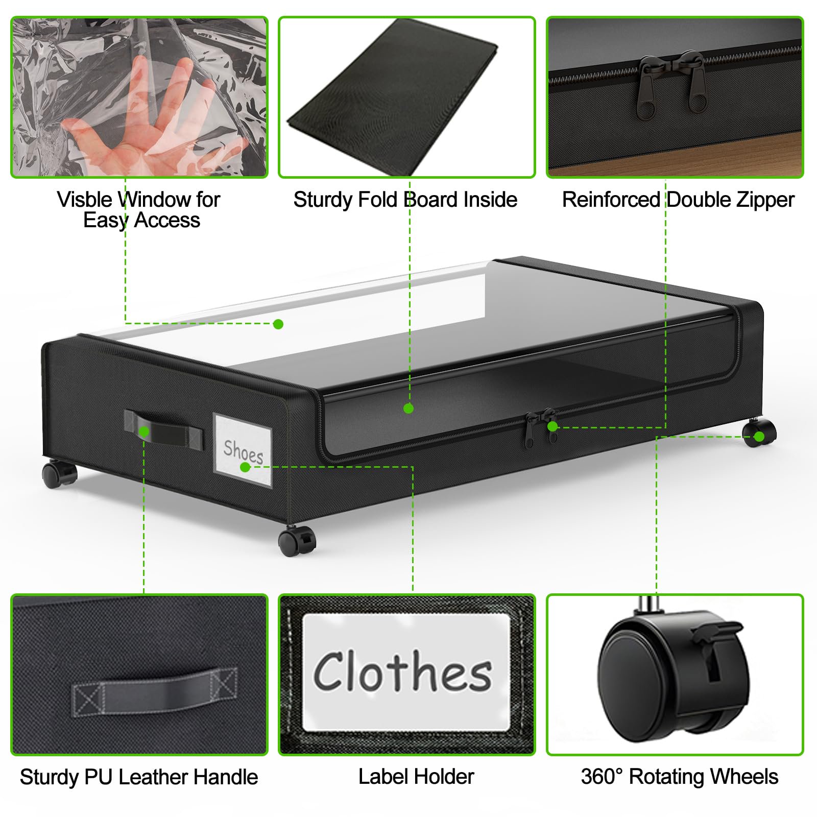 Underbed storage with wheels, 2 pack rolling storage containers, clear lid shoe organizer for seasonal clothes blankets holiday decorations, compact design, black