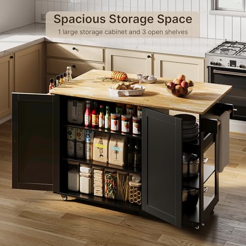 Gizoon Rolling Kitchen Island with Drop Leaf, 60.6" Width Wood Countertop, Kitchen Carts on Wheels with Large Storage Cabinet, Adjustable Shelf, Spice Towel Rack, Removable Tray, White