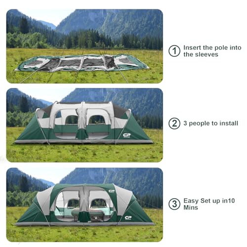 CAMPROS CP Tent 12-Person-Camping-Tents,3 Room Family Tents,Waterproof Windproof Family Tent with Top Rainfly,6 Large Mesh Windows,Double Layer,Easy Set Up, Portable with Carry Bag-20' x 9' x 72"(H)