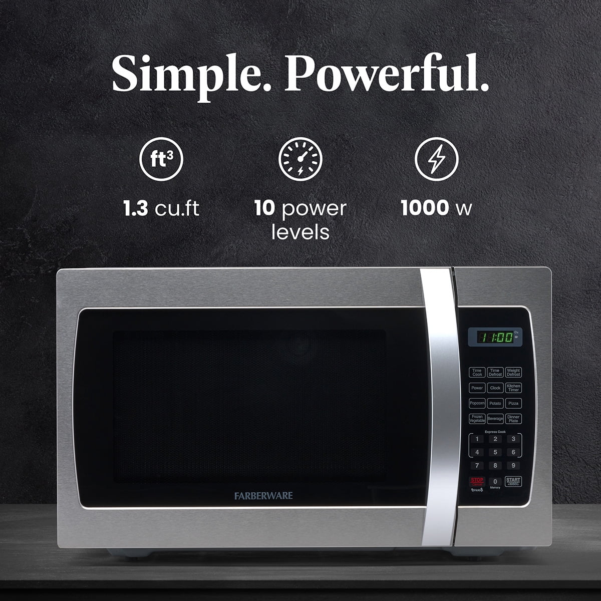 Farberware Countertop Microwave 1000 Watts, 1.3 cu ft - Microwave Oven With LED Lighting and Child Lock - Perfect for Apartments and Dorms - Easy Clean Stainless Steel