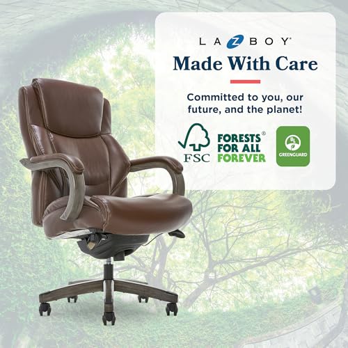 La-Z-Boy Delano Big & Tall Executive Office Chair, Ergonomic Mid-Back Body Pillow Lumbar Support, ComfortCore Memory Foam Cushion, Mahogany Wood Arms & Swivel Base, Bonded Leather, Chestnut Brown