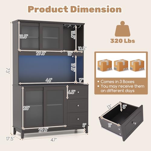 Giantex 73" Kitchen Pantry Storage Cabinet, Hutch Cabinet with LED Lights & Power Outlet, Kitchen Buffet Cabinet w/Wine Glass Racks, Countertop, Adjustable Shelves, Drawers for Dining Room (Espresso)