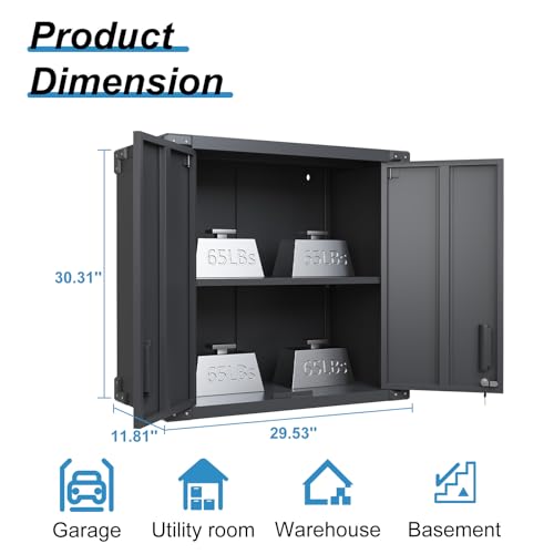 Garage Storage Cabinet Wall Cabinet with 2 Doors,Lockable Tool Cabinets Wall Mounted with Adjustale Shelves,Heavy Duty Steel Hanging Cabinets for Warehouse Kitchen Laundry,Assembly Required