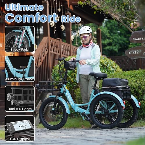 MOONCOOL Electric Tricycle for Adults, 500W/750W 48V 20" Folding Electric Trike Peak Power 1100W, 3 Wheels Electric Bicycle, Aluminum Frame Electric Tricycle with Large Basket and Removable Battery
