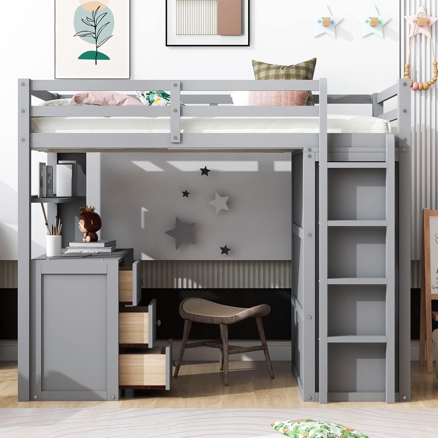 Gray Twin Loft Bed with Desk, 3 Drawers, and Wardrobe - Multi-Functional Wooden Twin Loft Bed Frame for Kids, Teens, Adults. Maximize Space and Storage in Your Bedroom.